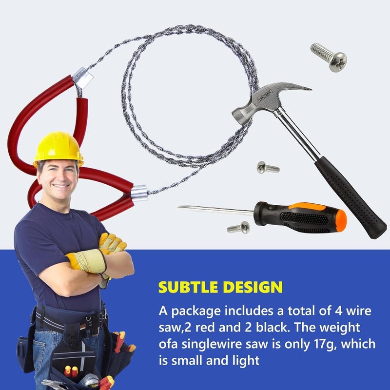 Abvsdu 4 Pcs Stainless Steel Cable Saw, Metal Wire Saw Hand Pocket String Rope Saw Emergency Survival Saw PVC Pipe Cable Saw for Wood Camping Hiking Hunting Red and Black 23.62 Inch - Image 4